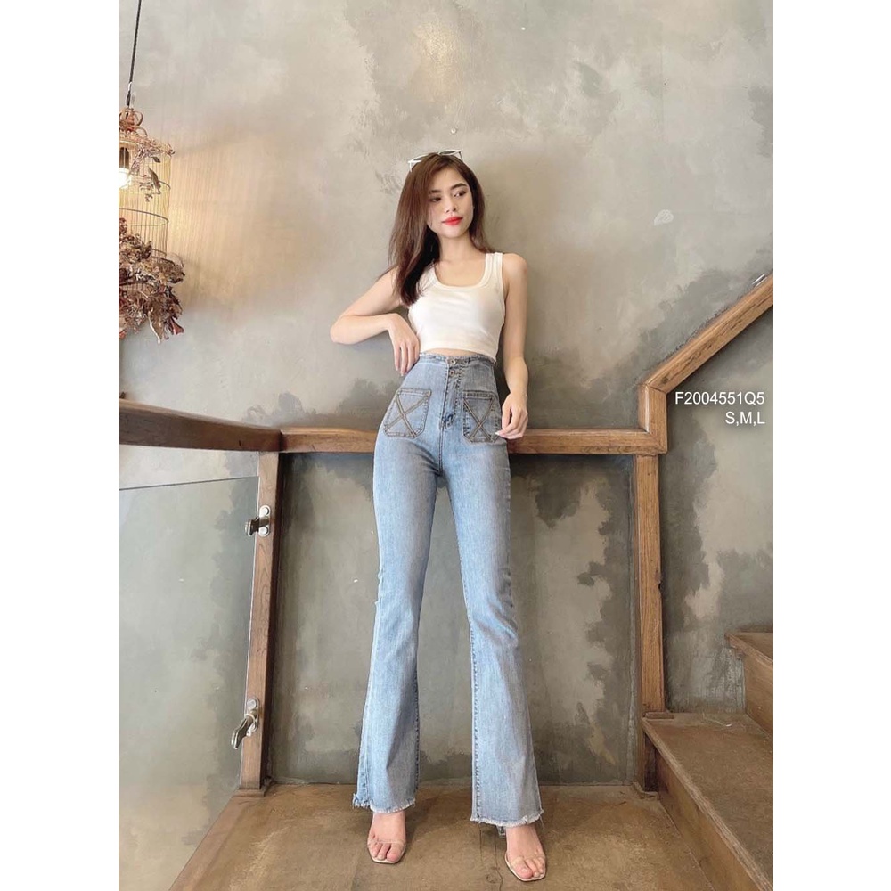 Quần jean ống loe dài lưng cao đắp hai túi trước!.
