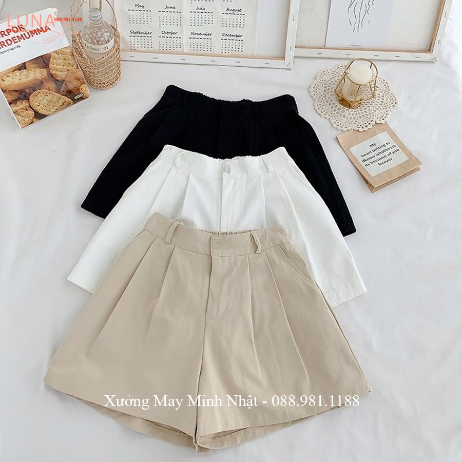Quần đùi đũi nữ lưng chun sau khuy cài khóa thật kéo xếp 2 ly dáng quần short giả váy nữ bigsize mặc đi biển ở nhà mát