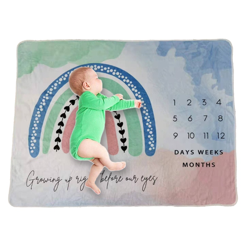 Chăn in họa tiết cầu vồng hoạt hình đánh dấu cột mốc phát triển theo tháng làm phụ kiện chụp ảnh cho bé sơ sinh&lt;br&gt;