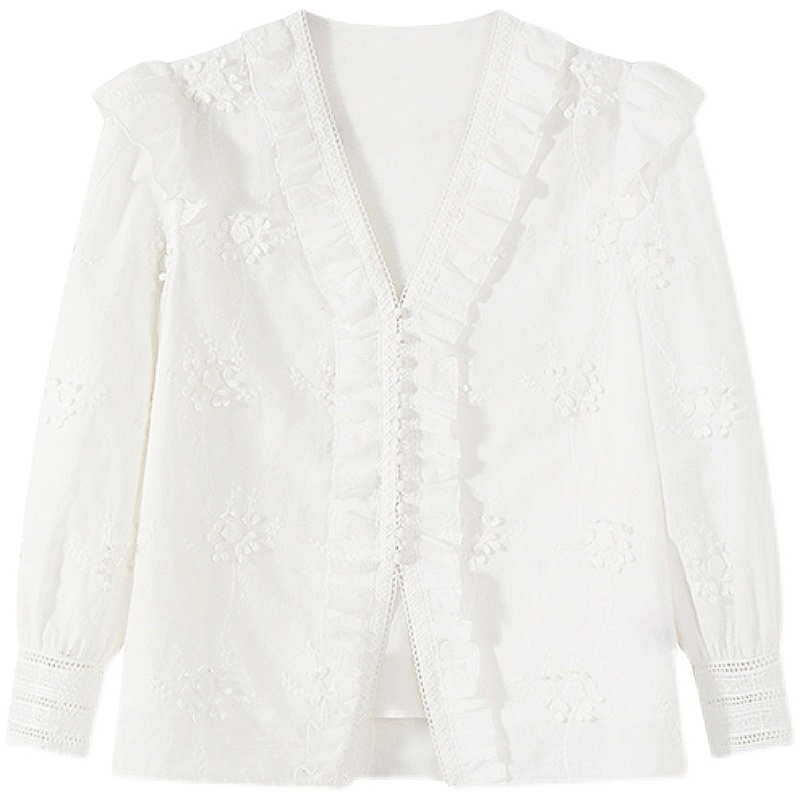 Áo sơ mi ren trắng dài tay MORAN cổ V phối bèo vai cánh tiên điệu đà style Hàn Quốc