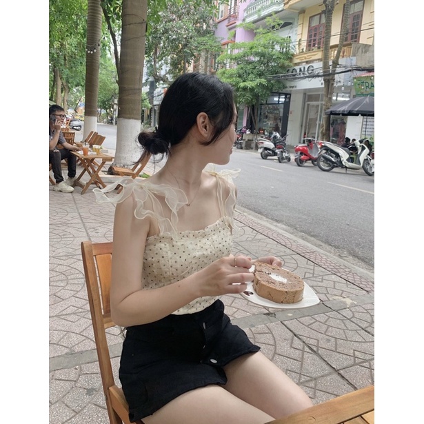 áo 2 dây ren chấm bi nơ vai điệu đà (098#)