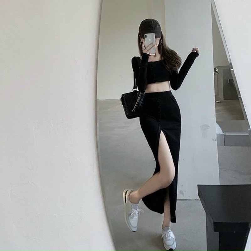 Set áo croptop tay dài + chân váy xẻ đùi siêu hot hit kèm ảnh thật