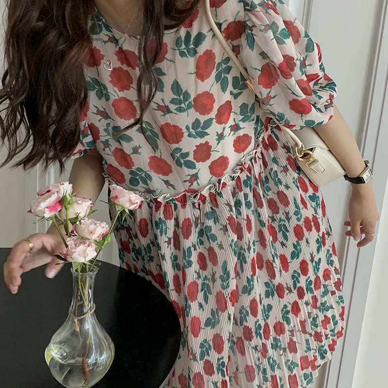 Đầm Hoa Tay Phồng Ngắn Xếp Ly Lưng Cao Thời Trang Hàn Quốc 176826 | BigBuy360 - bigbuy360.vn