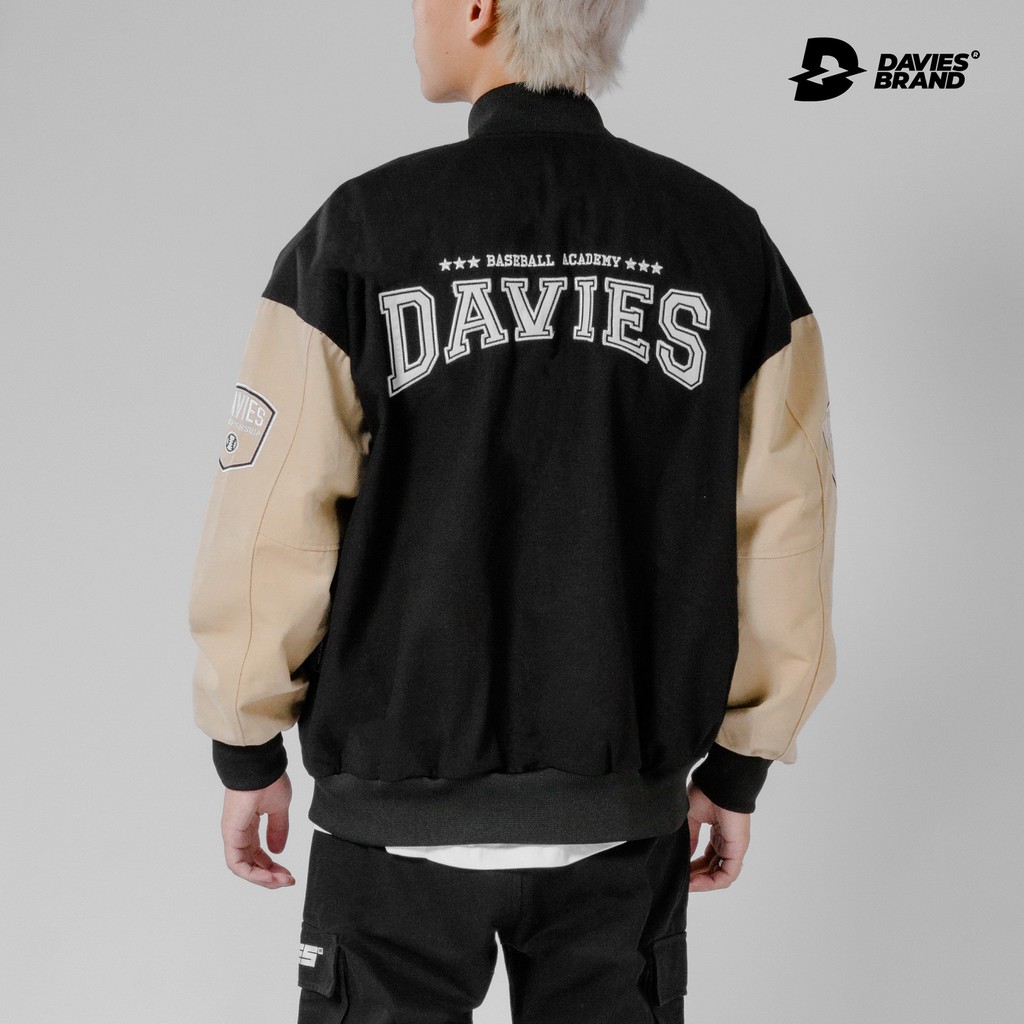 Áo khoác bomber bóng chày thêu chữ Davies - Beige Varsity Baseball Academy Bomber