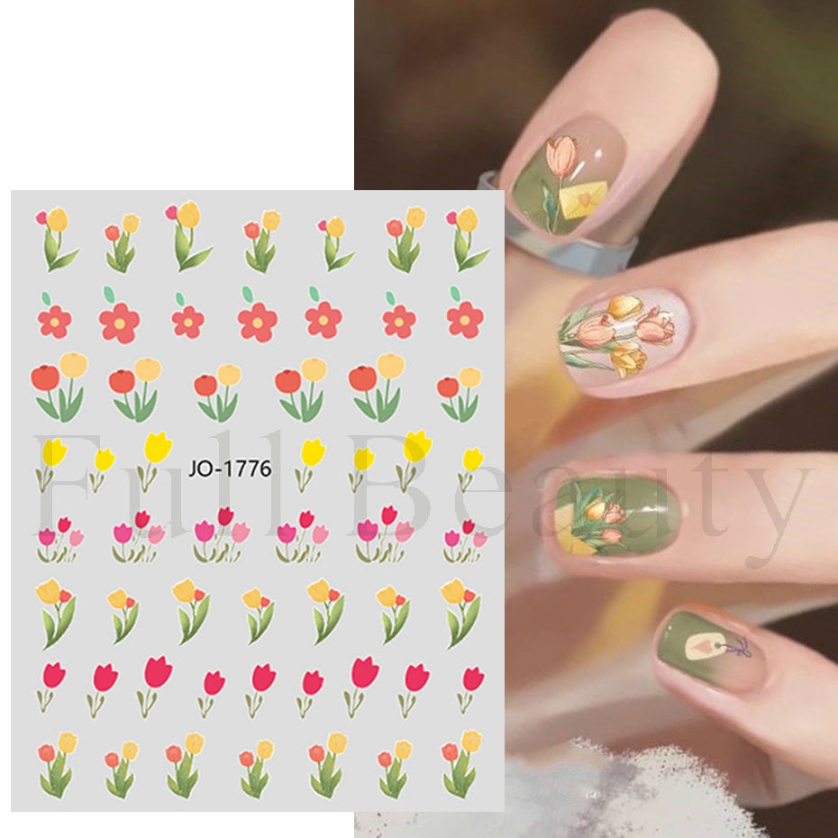 Nhãn Dán Trang Trí Móng Tay Tự Dính Họa Tiết Hoa Tulip/Hoa Hồng/Bướm 3D Xinh Xắn DIY