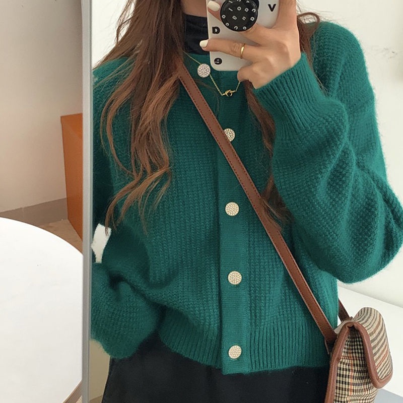 Áo khoác cardigan dệt kim cổ tròn phong cách retro thời trang thu đông cho nữ