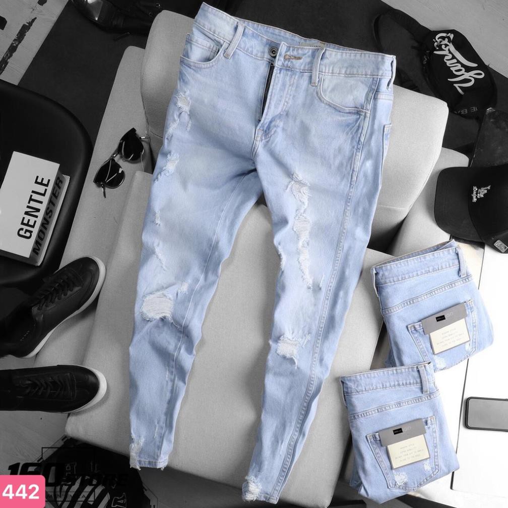 [XUẤT KHẨU] quần jean nam xanh nhạt đẹp chất bò cao cấp rách gối co giãn xanh bạc xanh trắng
