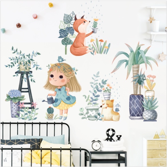 Decal trang trí tường - Cô gái nhỏ đang tưới cây