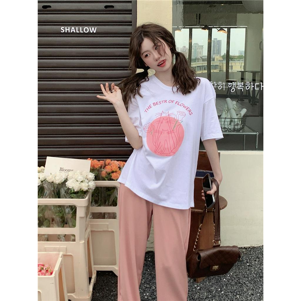 Áo Thun In Hình Mèo Và Hoa Hồng Phong Cách Retro Mỹ 53267
