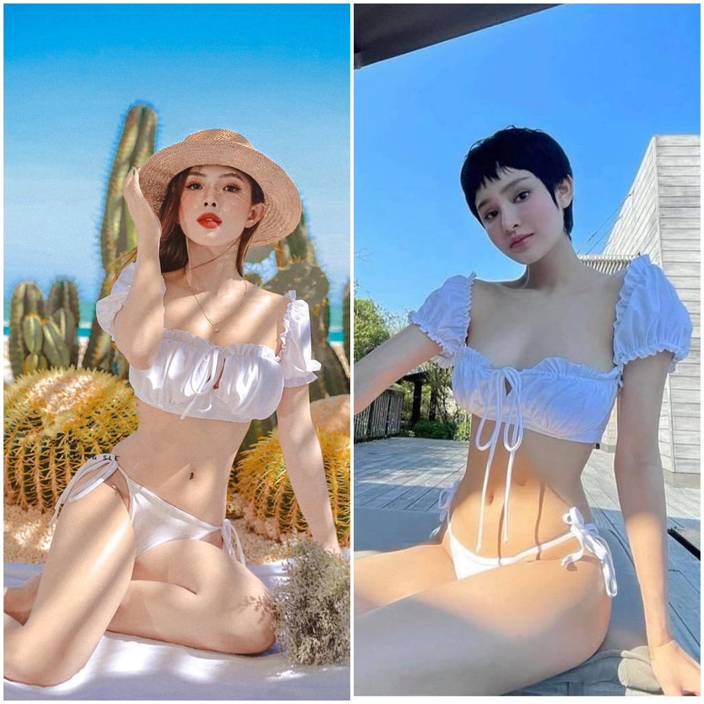 Bikini nữ 2 mảnh tay cộc trễ vai bèo quần tam giác và cạp cao R08