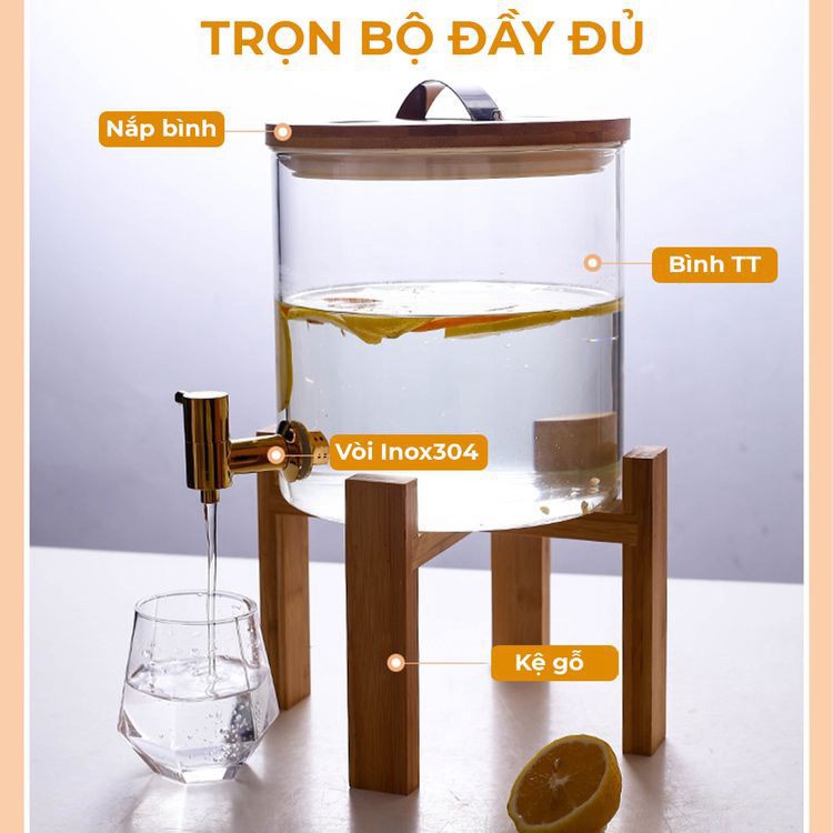 Libishop - Bình Thủy Tinh Chịu Nhiệt Cao Cấp có Kèm Vòi Và Kệ gỗ kê Borosilicate Glass 8L - Phát triển theo công nghệ Nh