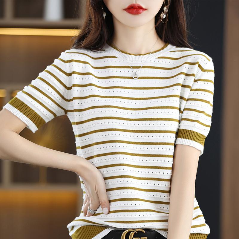 Áo Thun Tay Ngắn Cổ Tròn Họa Tiết Kẻ Sọc Thời Trang Mùa Hè Phong Cách Hàn Quốc Cho Nữ