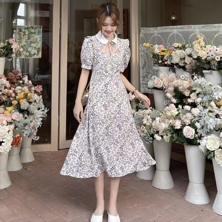 Đầm Chữ a Tay Phồng Họa Tiết Hoa Ngọt Ngào Thời Trang Cho Nữ