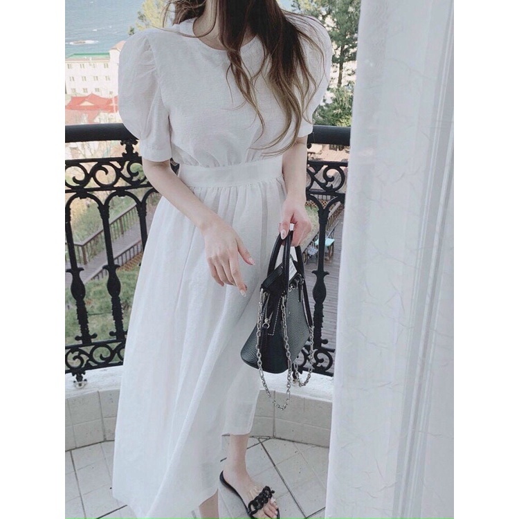 Đầm maxi bo eo tạo kiểu chất kate, váy hở lưng 2 màu trắng hồng