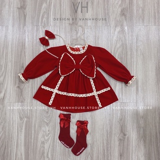 Váy nhung đỏ nơ ngực viền ren xinh xắn cho bé gái