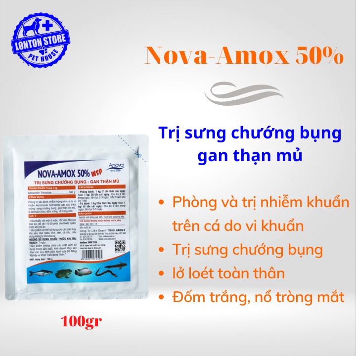 ANOVA Nova Amox 50 WSP -  sản phẩm hổ trợ sức khỏe cho cá lươn ốc ếch ( TRƯỚNG BỤNG - GAN THẬN MỦ) , 100gr- Lonton store