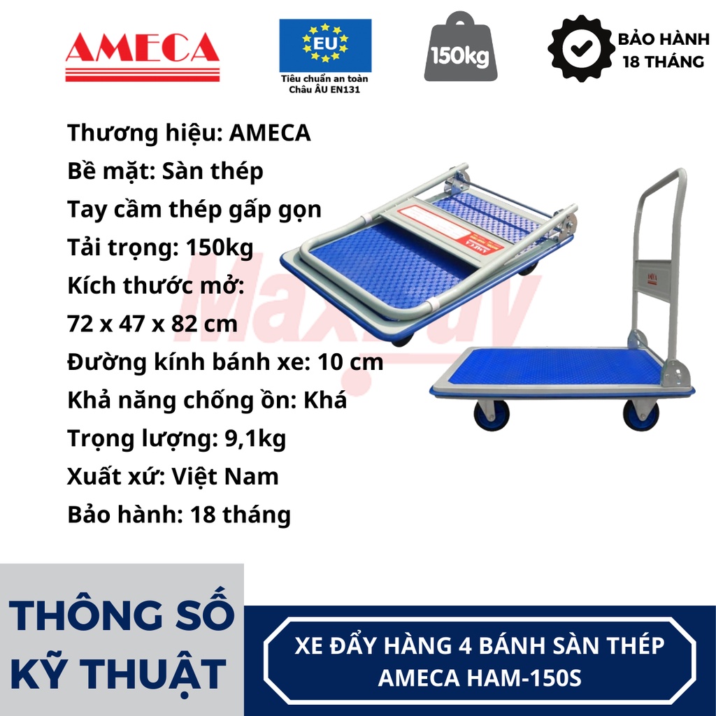 Xe đẩy hàng kéo hàng 4 bánh sàn thép giảm ồn tốt gấp gọn tiện lợi Ameca HAM-150S bảo hành 12 tháng giao hỏa tốc HN