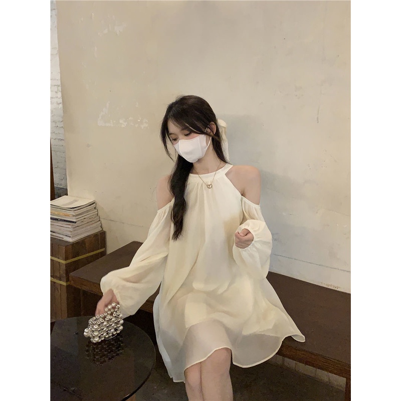Váy babydoll Đầm Chữ váy xinh váy trắng a Tay Dài Trễ Vai Phong Cách Pháp Thời Trang Mùa Thu Mới 2022