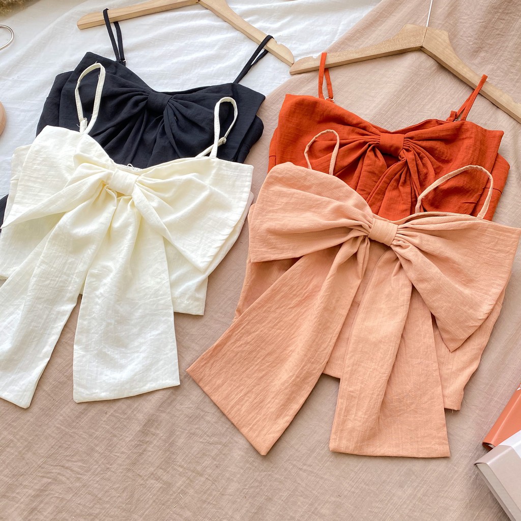 Set bộ áo croptop mùa hè phối nơ ngực 2 dây kèm quần suông dập ly có size