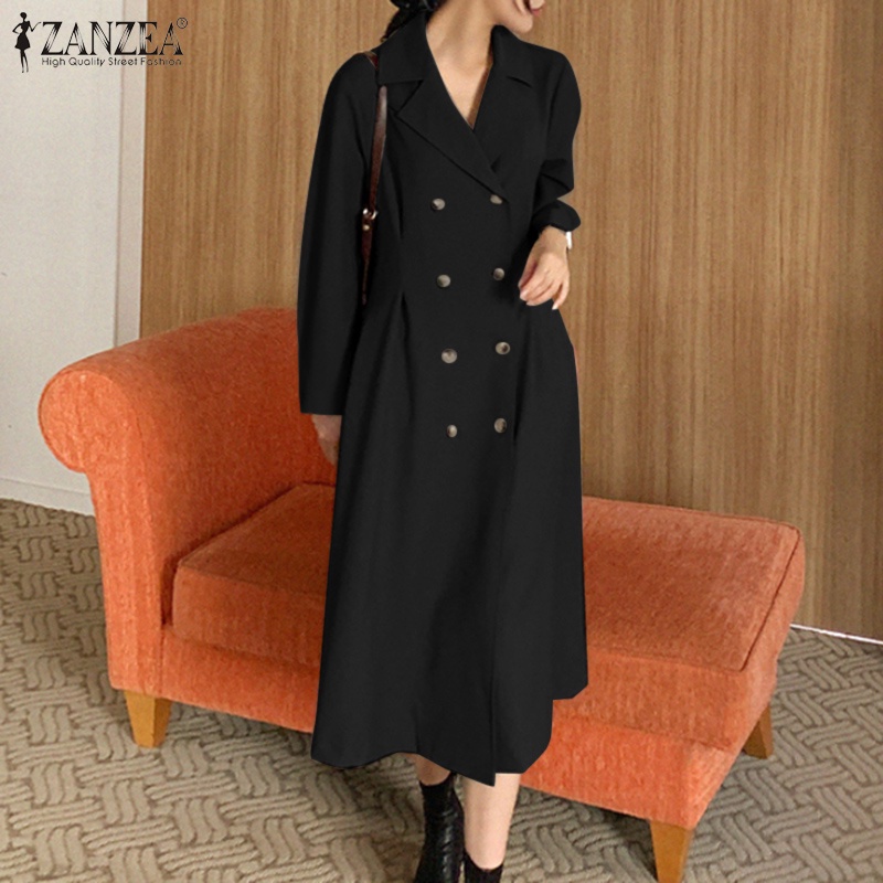 Đầm ZANZEA cổ bẻ hai hàng nút cài phong cách thời trang công sở nữ trang trọng thường ngày