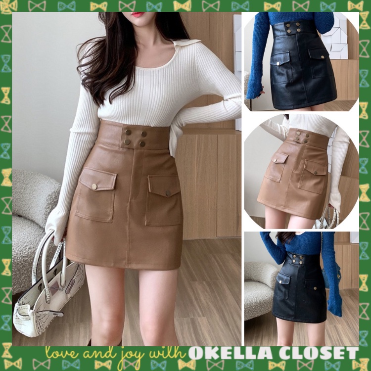 Chân váy da PU lưng cao phối cúc, chân váy lưng cao túi hộp cá tính Okélla