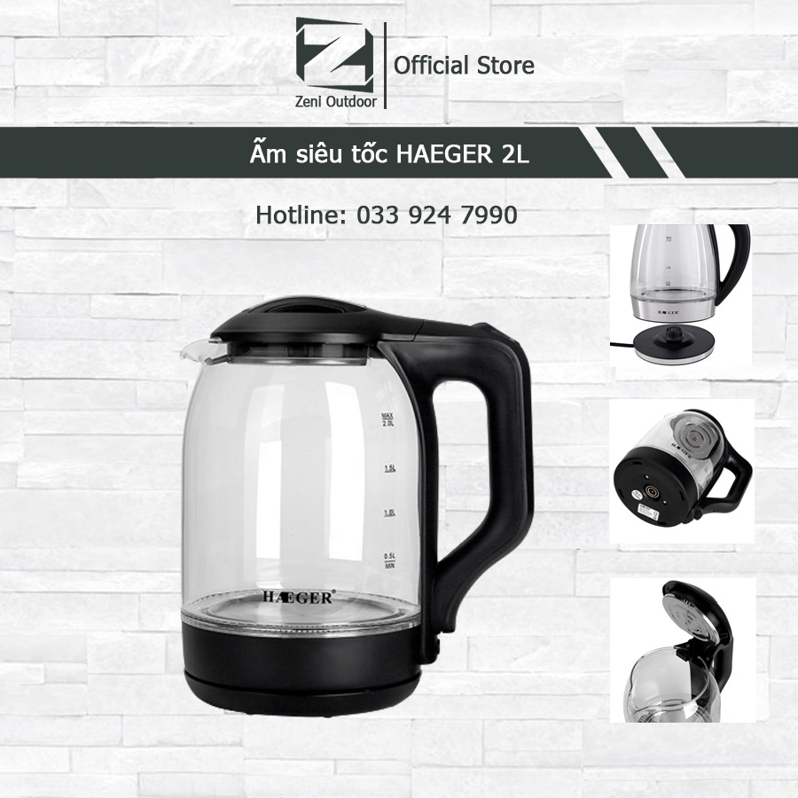Ấm siêu tốc thủy tinh 2L bình đun nước HAEGER công suất lớn