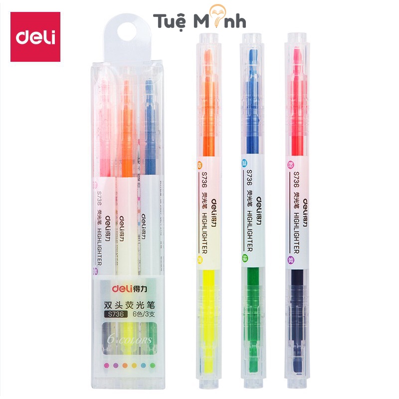 Set 3/6 bút highlight 2 đầu đánh dấu màu Pastel, bút nhớ nhiều màu Tuệ Minh