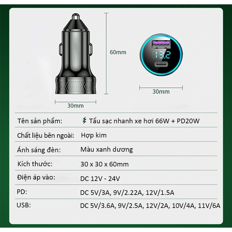 Dock sạc siêu tốc xe hơi 66W + PD20W, tẩu sạc điện thoại trên ô tô 12-24V, đèn led hiển thị điện áp EL033