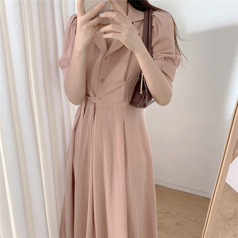 Đầm midi tay phồng cổ chữ V màu trơn xinh xắn dành cho nữ 34756