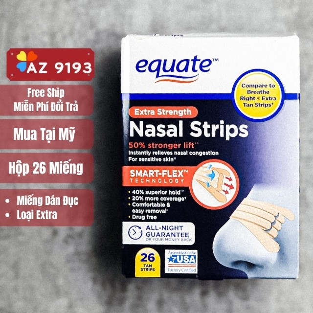 [Mua Tại Mỹ] Miếng Dán Mũi Equate Nasal Strips - Giảm Ngáy Khi Ngủ, Giúp Hô Hấp Tốt, Ngủ Ngon, Giảm Nghẹt Mũi - Az 9193