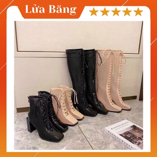 Boot lưới bốt đùi lưới boot đùi cổ lửng gót vuông phối dây buộc hottrend