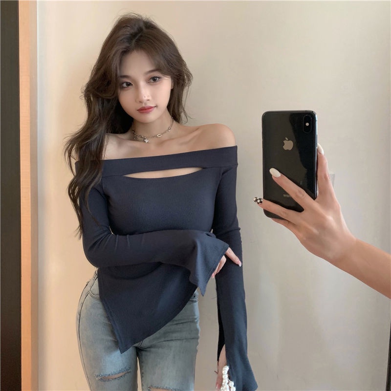 Áo thun COZOK tay dài trễ vai xẻ tà quyến rũ thời trang