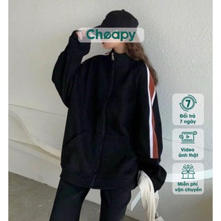 Áo khoác nỉ lót lông SỌC TAY ĐỎ khóa kéo bozip bo gấu sáng suông phom suông rộng chất nỉ dày dặn giá siêu rẻ PVN662