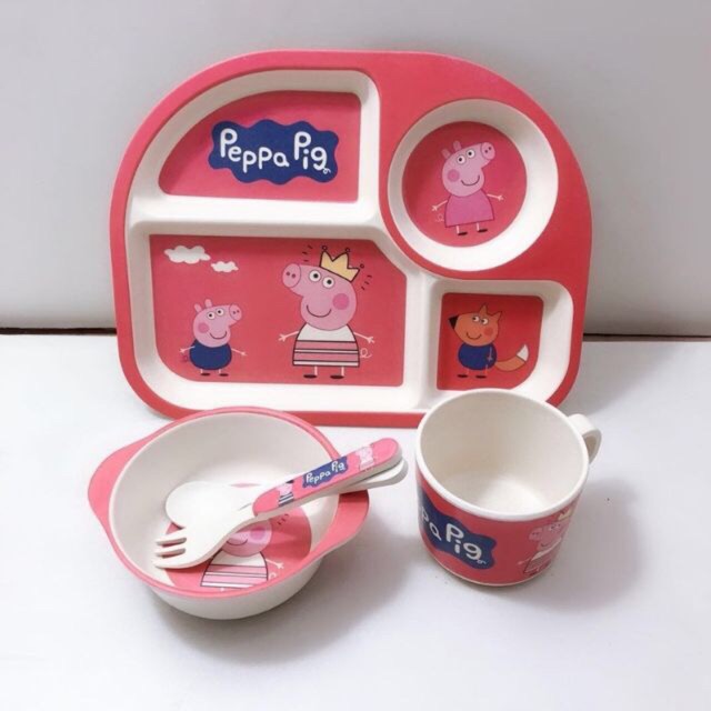 Bộ khay và bát ăn 5 chi tiết hình Peppa pig - ảnh thật