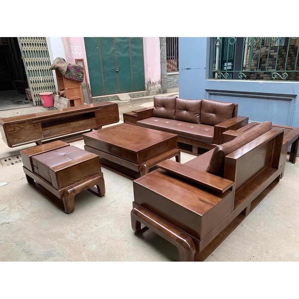 Bộ ghế Sofa hộp 2 văng gỗ sồi hiện đại