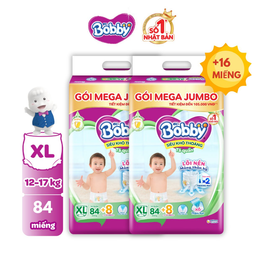 [TẶNG THÊM 8 MIẾNG] Bộ 2 Tã/bỉm quần Bobby 3mm Mega Jumbo Gạo non Giảm nhiệt M112/L96/XL84/XXL76