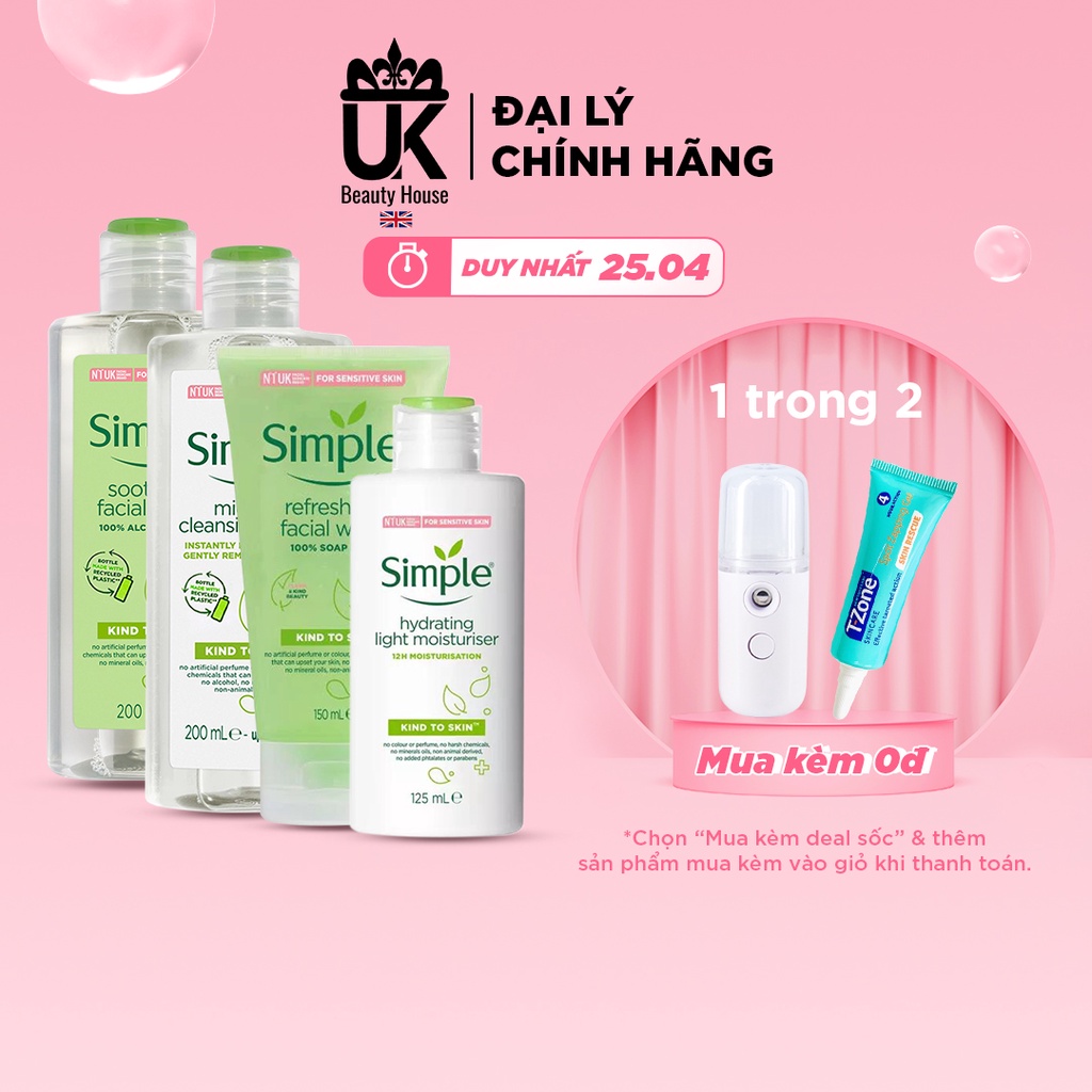 Combo dưỡng da trọn gói dịu nhẹ Simple (Tẩy trang + Sữa rửa mặt + Toner + Sữa dưỡng)