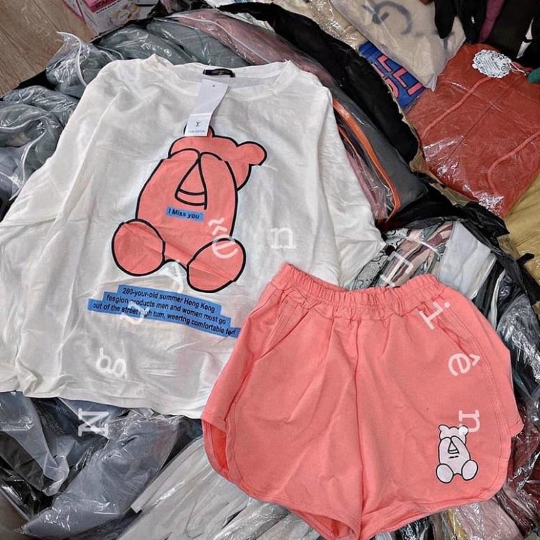 Set bộ áo tay dài in gấu kèm quần đùi cute - A5U