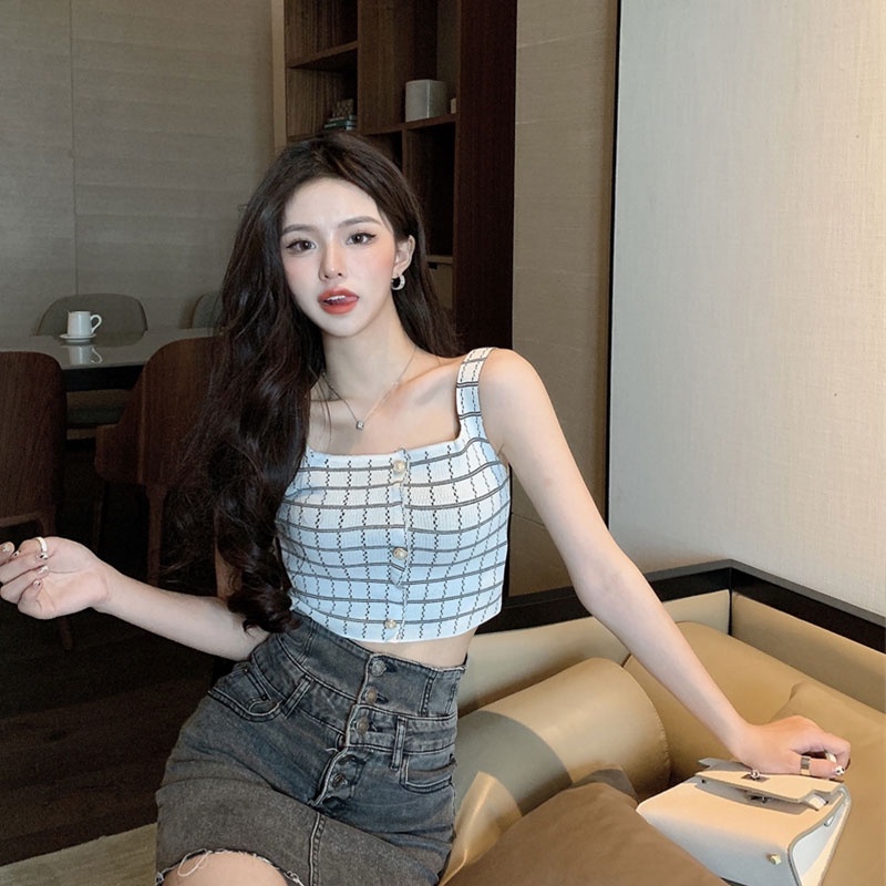 Áo Hai Dây Dáng Ngắn Hở Lưng Họa Tiết Sọc Caro Phong Cách Quyến Rũ