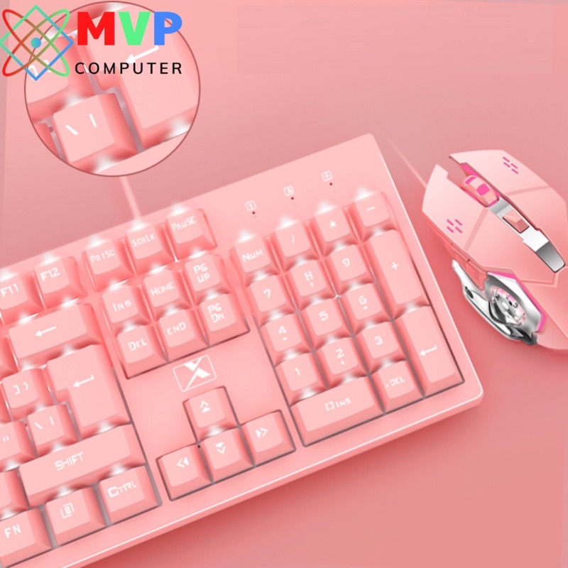 Combo Chuột Bàn Phím Có Dây Gaming XINMENG K616 Màu Hồng LED Trắng Xuyên Chữ Cao Cấp Dùng Cho Máy Tính PC Laptop