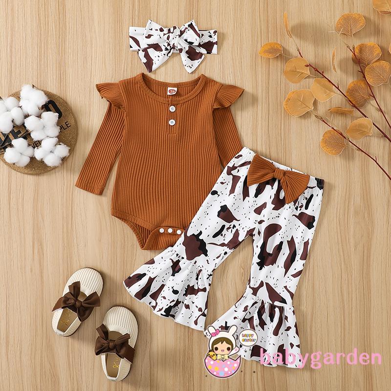 Bộ Áo Liền Quần Cổ Tròn Tay Cánh Tiên Màu Trơn + Quần Ống Loe Họa Tiết Da Báo / Bò Dành Cho Bé Gái 0-12 Tháng Tuổi