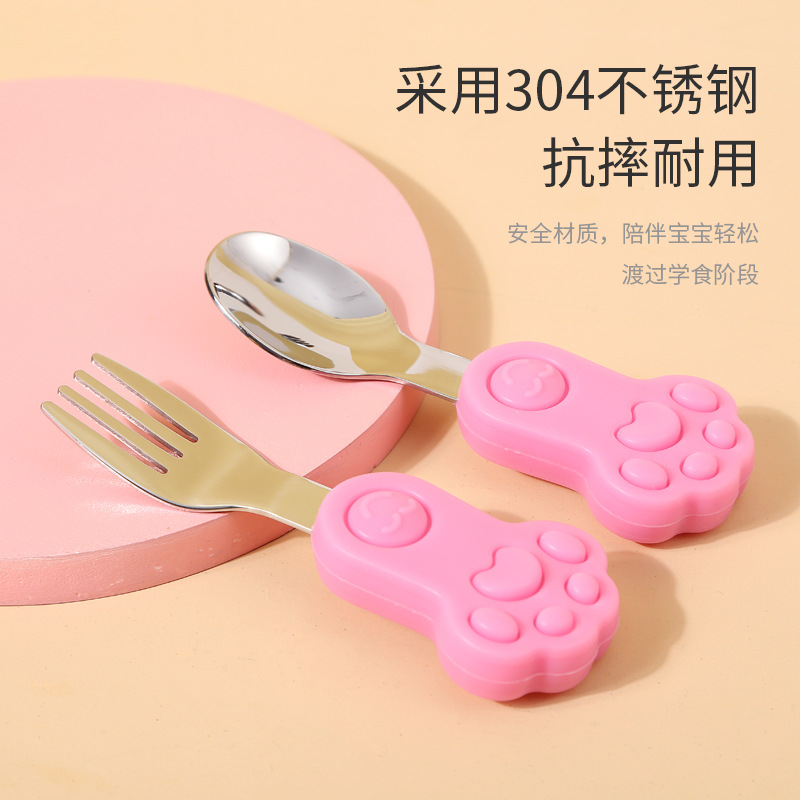 Set 2 Muỗng Nĩa Silicone 304 Tay Cầm Ngắn Bằng Inox 304 Tập Ăn Cho Bé