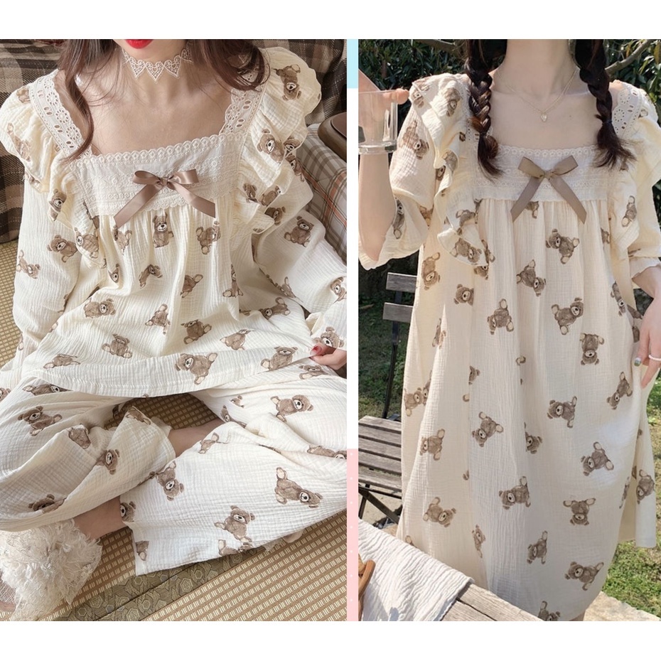 (SẴN) Set bộ nữ mặc nhà hình gấu phối ren quảng châu