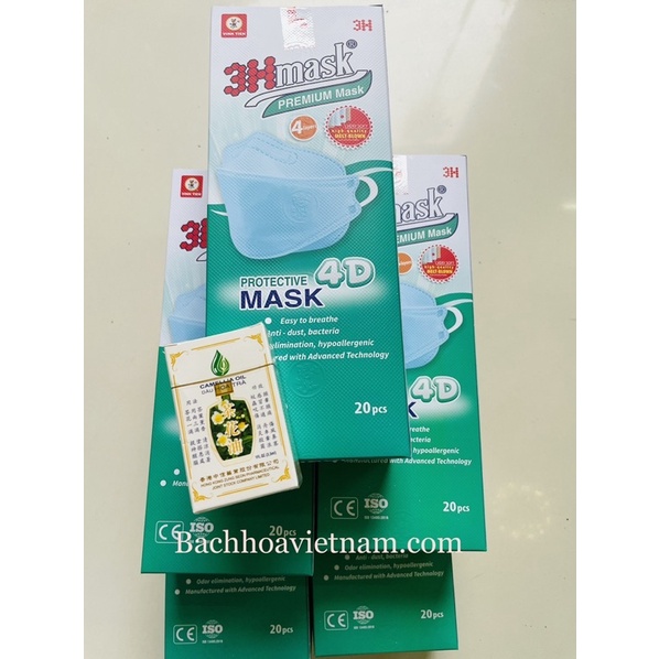 COMBO 5 hộp (100 cái) khẩu trang 4 lớp 3Hmask, tặng 01 chai dầu hoa trà 3.5ml giá 33k, khẩu trang 4D, 3Hmask, khẩu trang