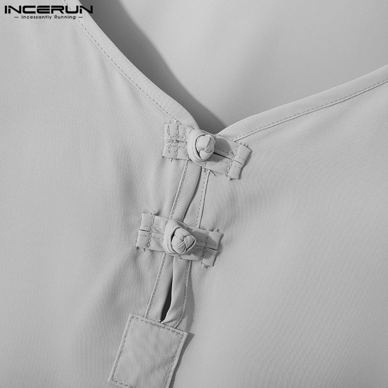 Áo thun INCERUN tay lỡ cổ chữ v màu sắc đơn giản phong cách trung hoa cho nam giới