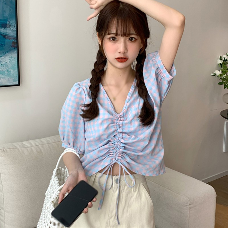 Áo Kiểu Tay Phồng Cổ Chữ V Họa Tiết Sọc Caro Thiết Kế Đơn Giản Thời Trang Dành Cho Nữ