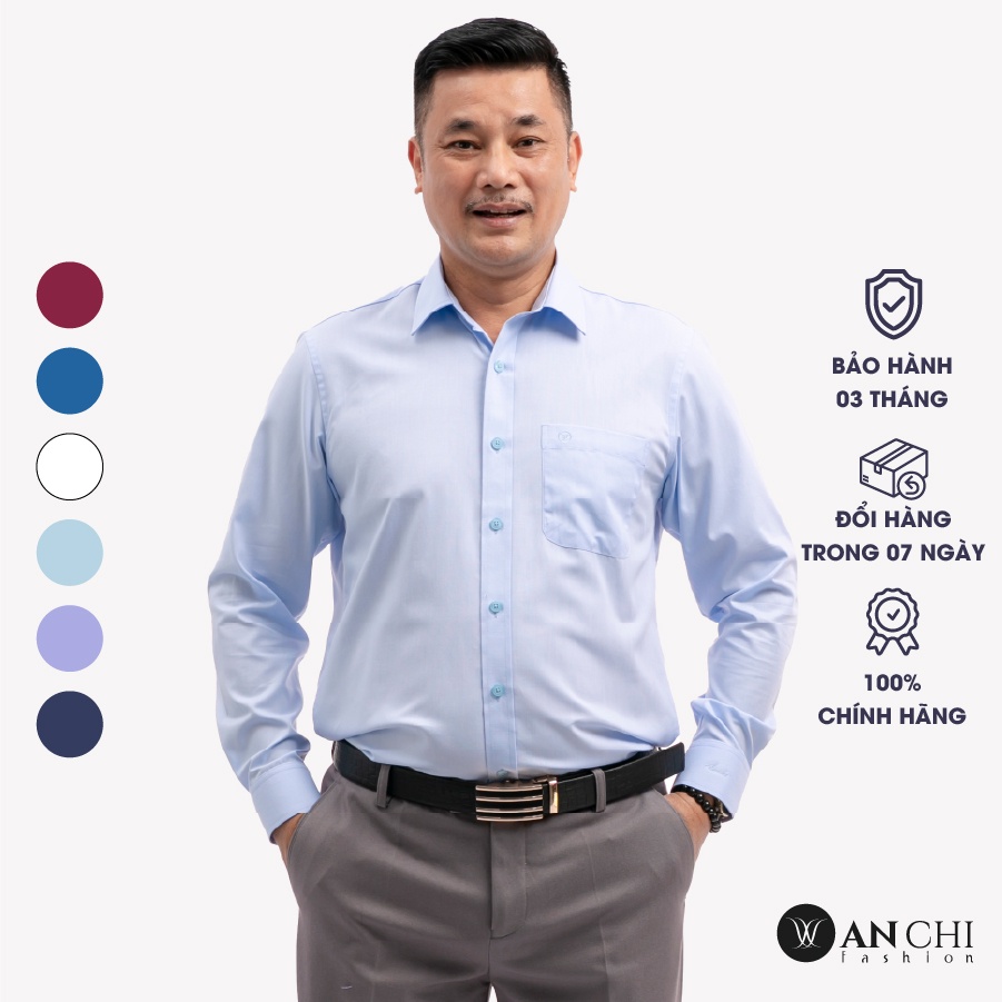 Áo Sơ Mi Nam Dài Tay Trung Niên ANCHI Màu Xanh Nhạt Trơn Vải Sợi Tre Cao Cấp