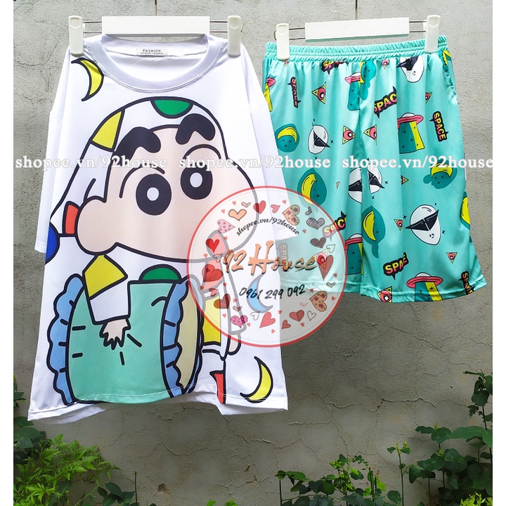 Đồ bộ hoạt hình freesize unisex bé Shin form rộng tay lỡ