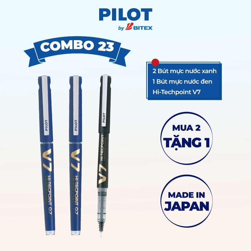 Combo pilot 23 : 02 Bút mực nước Hi-Tech V7 mực xanh và 01 bút mực nước Hi-tech V7 mực đen