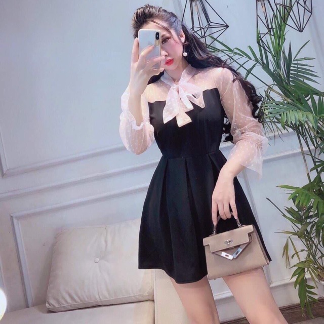 BB122 Đầm tiểu thư nơ cổ voan lưới chấm bi xinh xắn